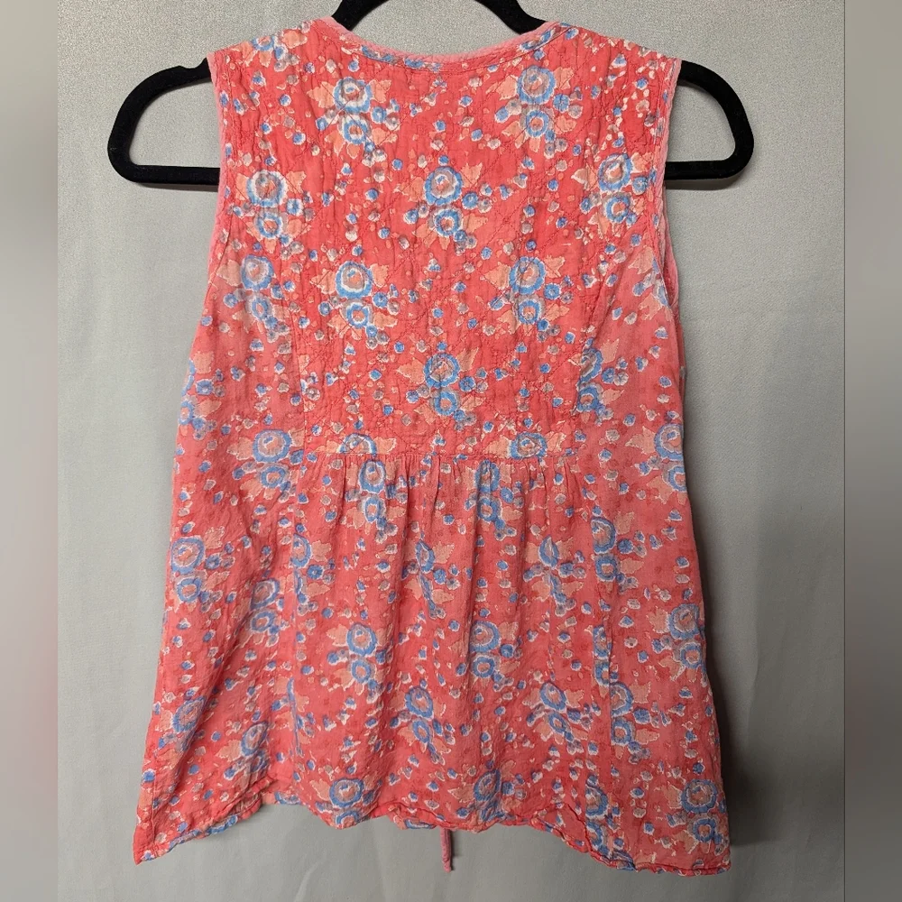 Boho Floral Quilted Embroidered Lace-Up Blouse Tunic - Coral and Blue